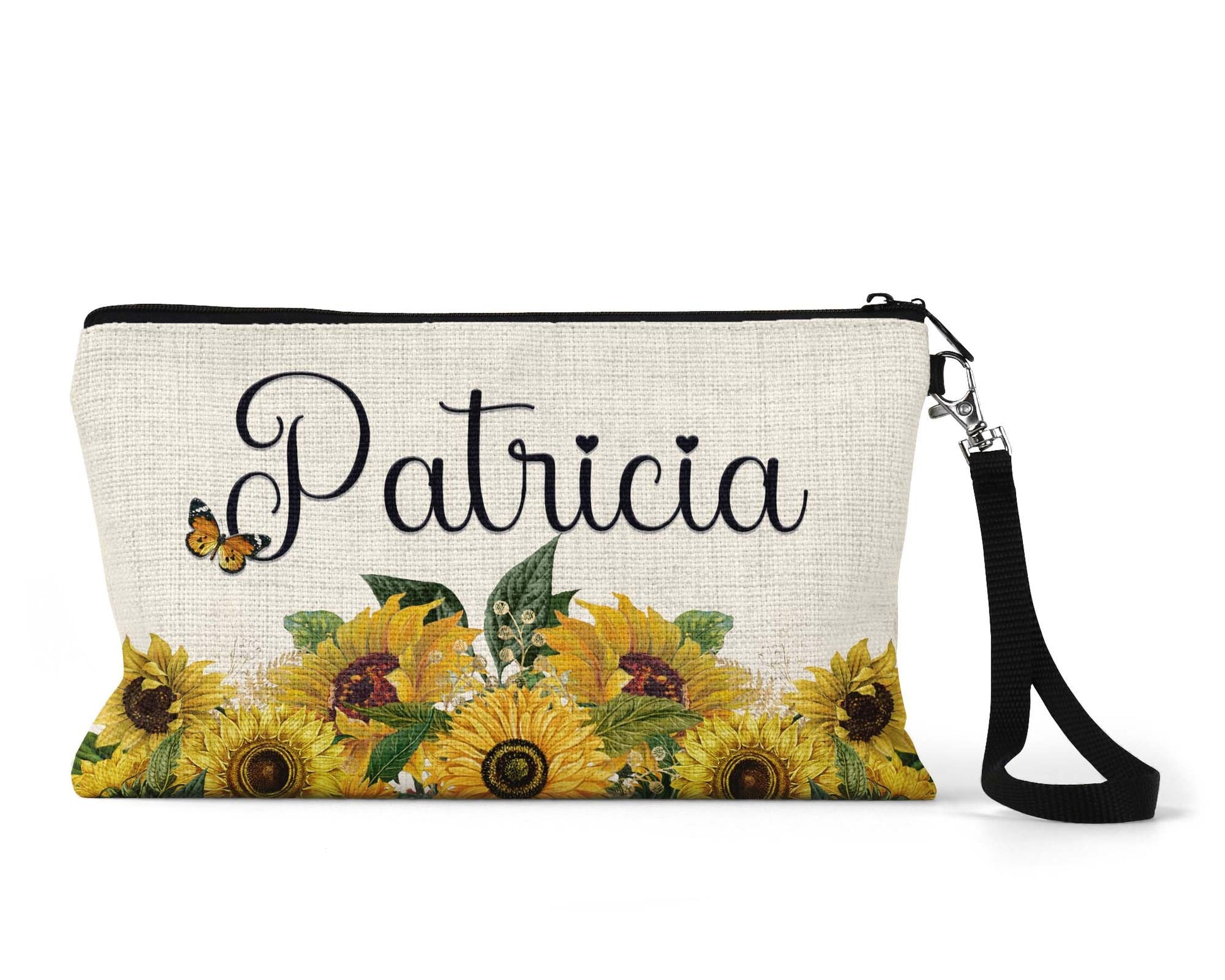 Personalized sunflower name makeup bag on counter