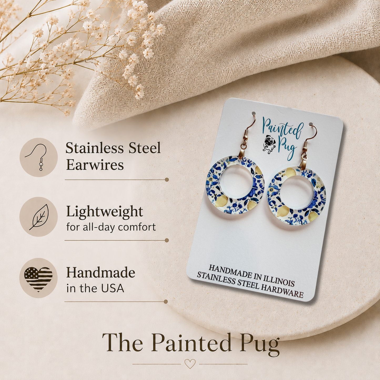 Blue & Yellow Lemon Flower Dangle Hoop Earrings