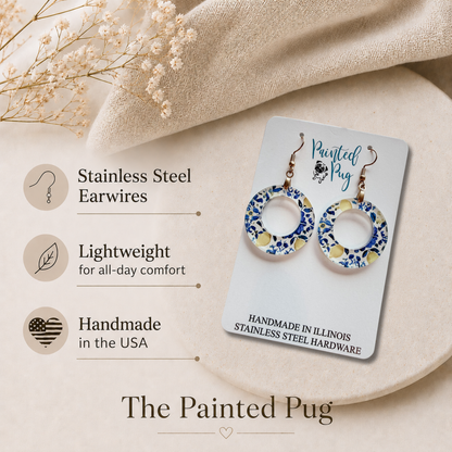 Blue & Yellow Lemon Flower Dangle Hoop Earrings