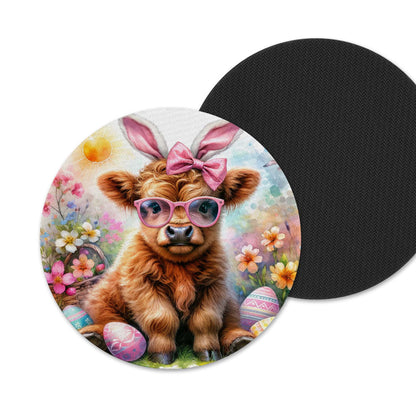 Easter Highland Cow Neoprene Coaster Set – Bunny Cow Spring Drink Coasters (Set of 4)