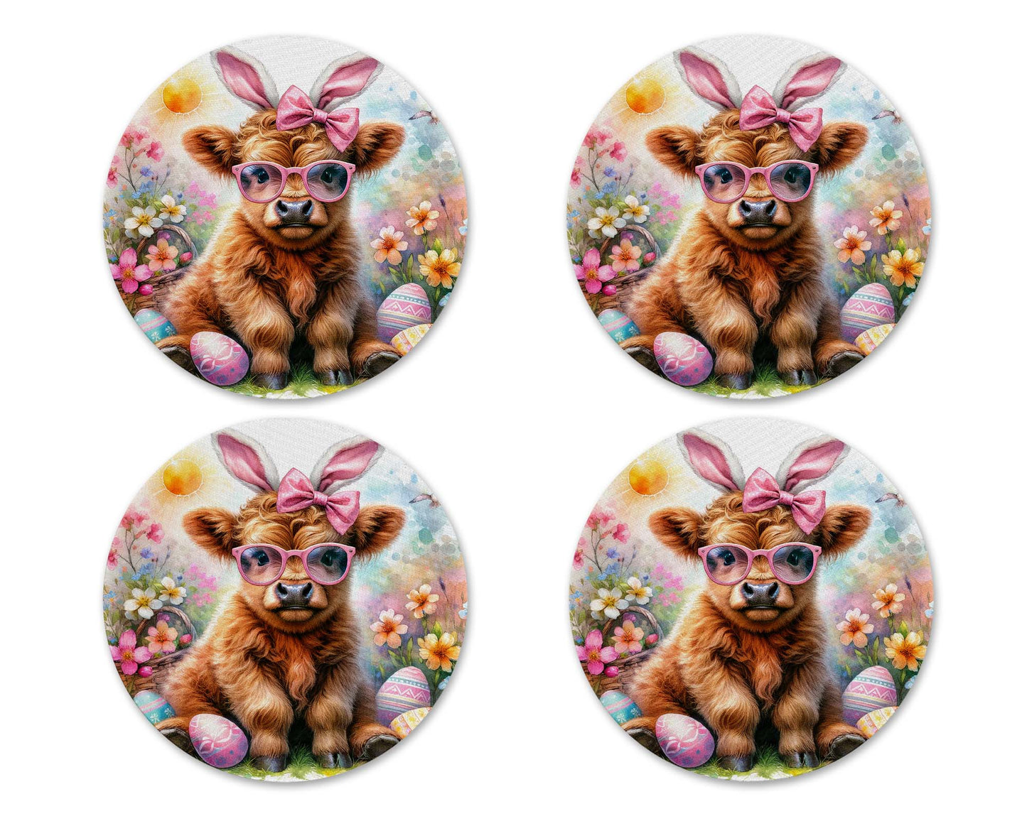 Easter Highland Cow Neoprene Coaster Set – Bunny Cow Spring Drink Coasters (Set of 4)