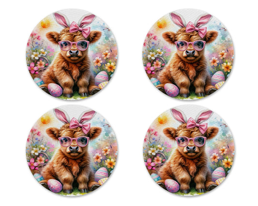 Easter Highland Cow Neoprene Coaster Set – Bunny Cow Spring Drink Coasters (Set of 4)