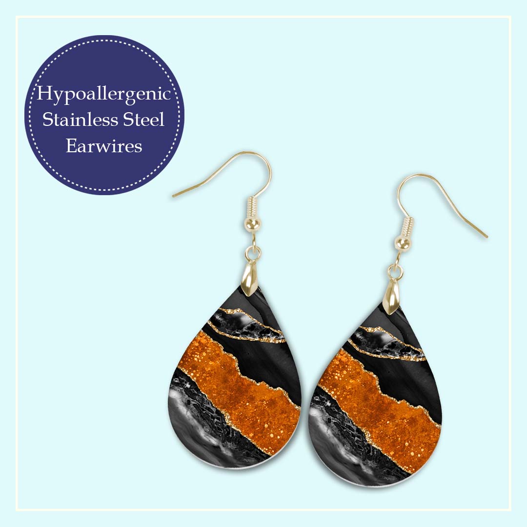 Hypoallergenic stainless steel earwires on the black and orange agate teardrop earrings