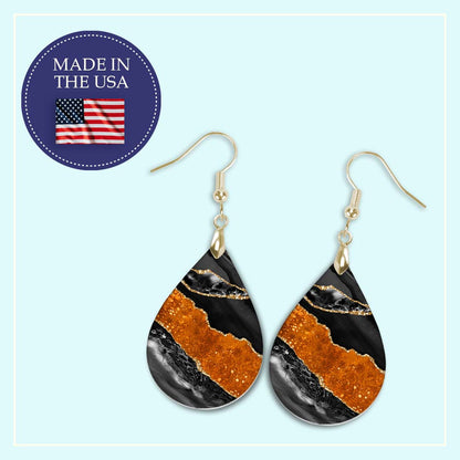 Made in the USA black and orange agate teardrop earrings