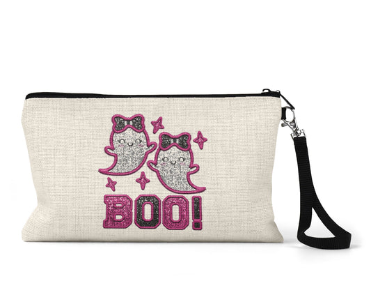 Boo pink glitter ghosts Makeup Bag front view on a white background