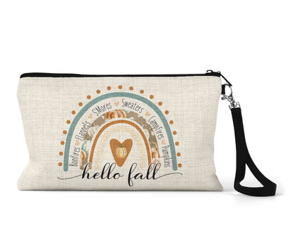 Hello Fall boho rainbow Makeup Bag front view on a white background