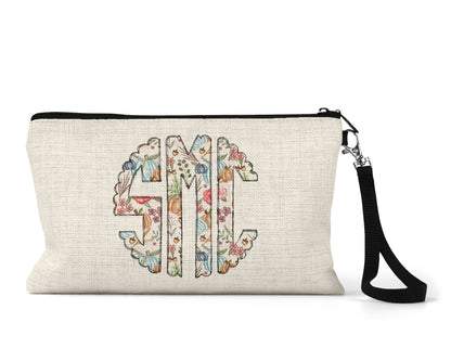 Personalized floral monogram Makeup Bag front view on a white background