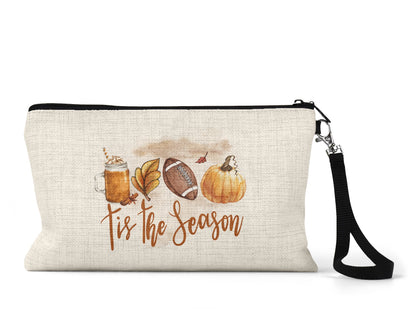 Tis the Season watercolor latte and football Makeup Bag front view on a white background
