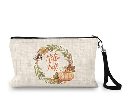 Hello Fall floral wreath Makeup Bag front view on a white background