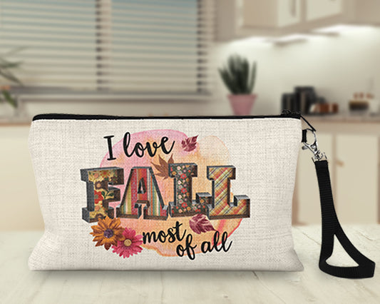 I Love Fall Most of All Makeup Bag on a kitchen counter