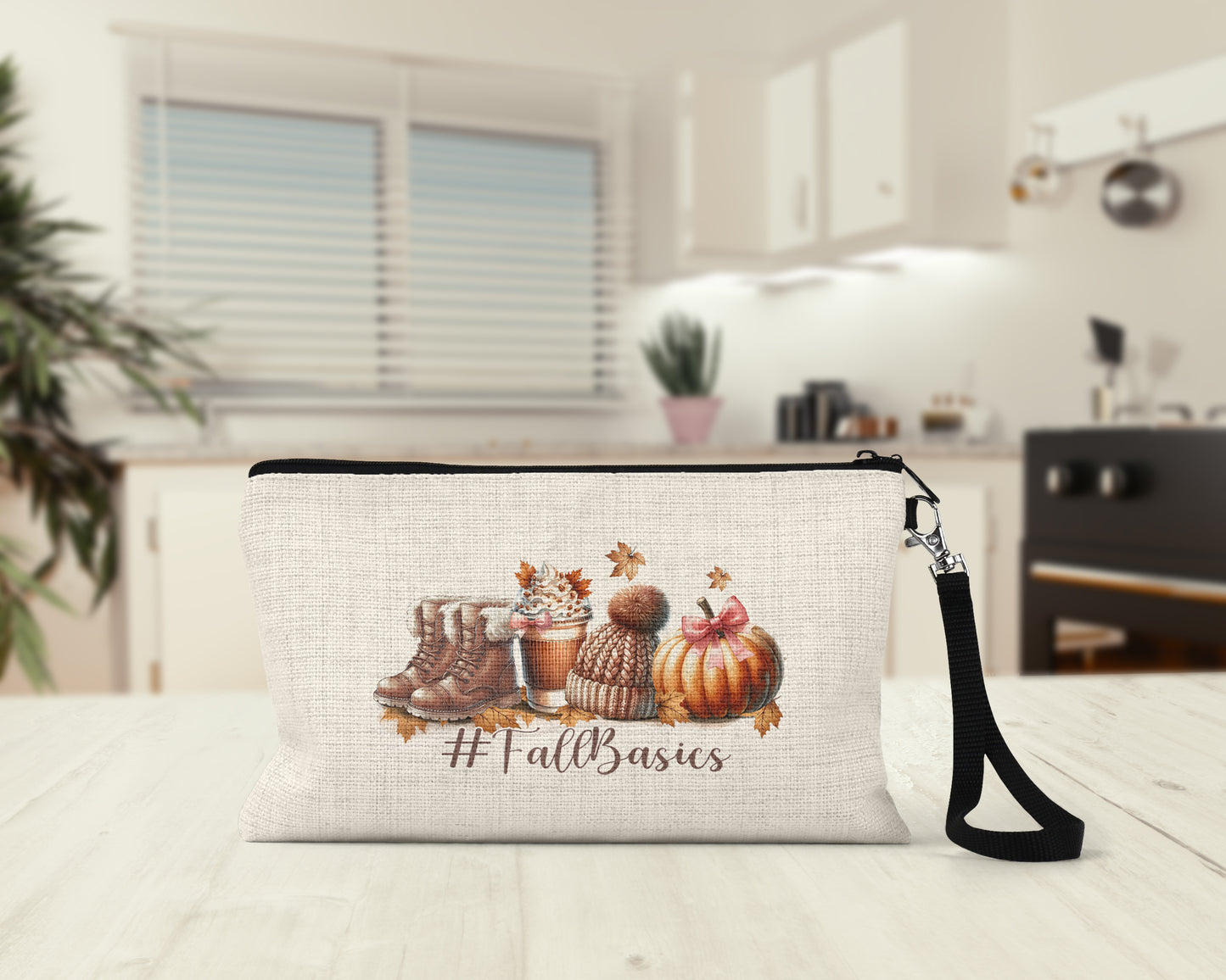 Fall Basics Makeup Bag on a kitchen counter