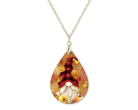 Fall Gnome Teardrop Shape Necklace