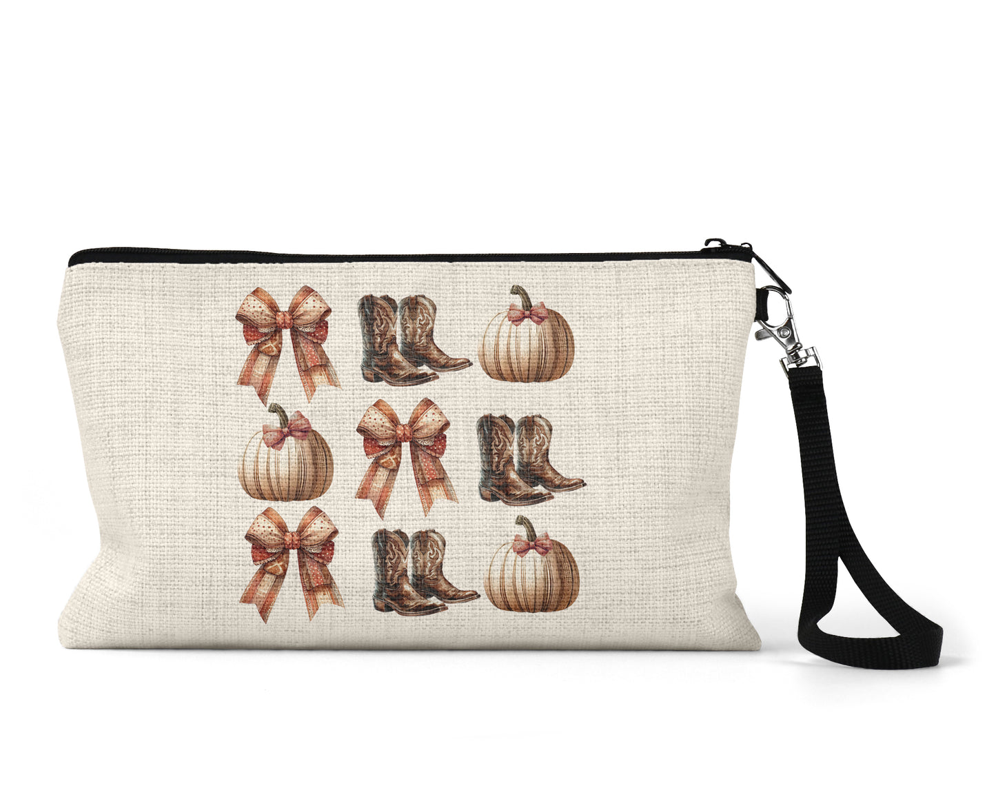 Bows Boots and Pumpkins Makeup Bag front view on a white background