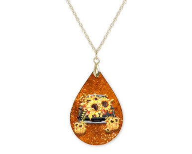 Fall Sunflower Truck Teardrop Shape Necklace