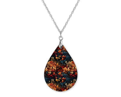 Fall Leaves Blue Orange Teardrop Shape Necklace