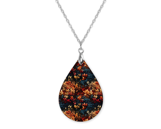 Fall Leaves Blue Orange Teardrop Shape Necklace