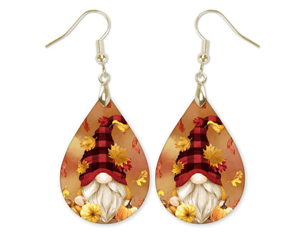 Fall Gnome Golden Leaves Teardrop Earrings