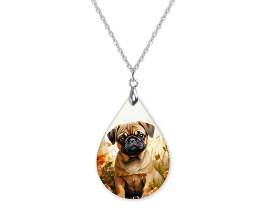 Fawn Pug Animal Teardrop Shape Necklace