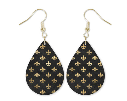 Fleur de Lis Black and Gold Teardrop Earrings