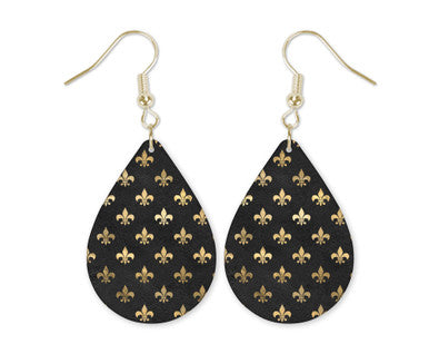 Fleur de Lis Black and Gold Teardrop Earrings