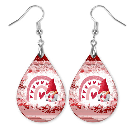 Valentine Gnome Teardrop Earrings – Pink Heart Rainbow Design