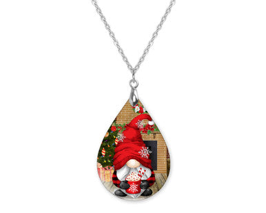 Gnome Hot Cocoa Christmas Teardrop Shape Necklace