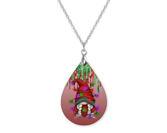 Gnome Christmas Lights Teardrop Shape Necklace