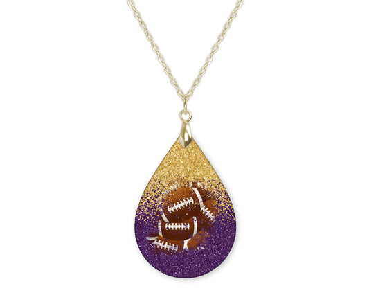 Gold Purple Glitter Football Teardrop Shape Necklace