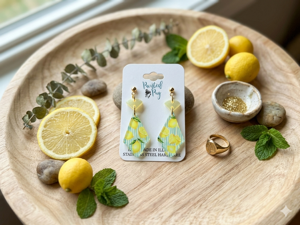 Lemon Stripe Two-Piece Glitter Dangle Earrings