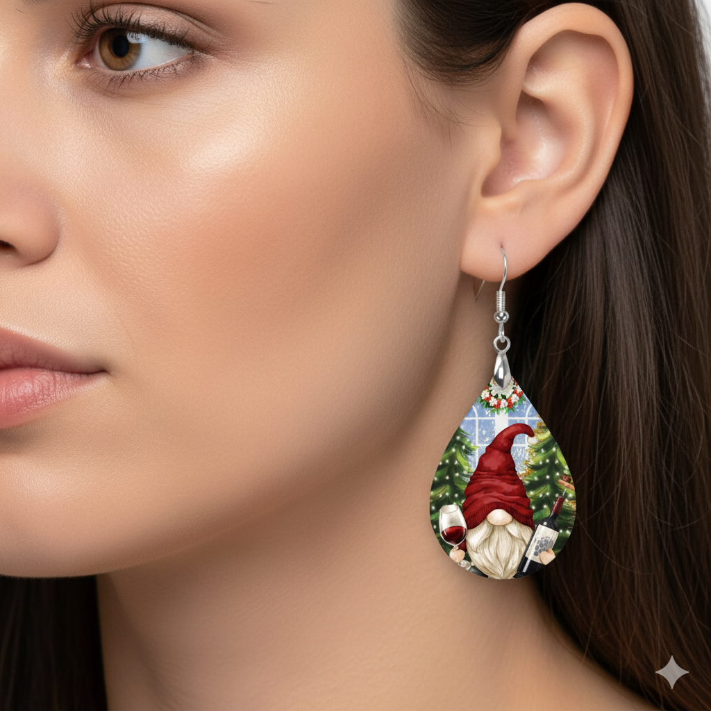 Gnome Wine Christmas Earrings – Festive Holiday Teardrops