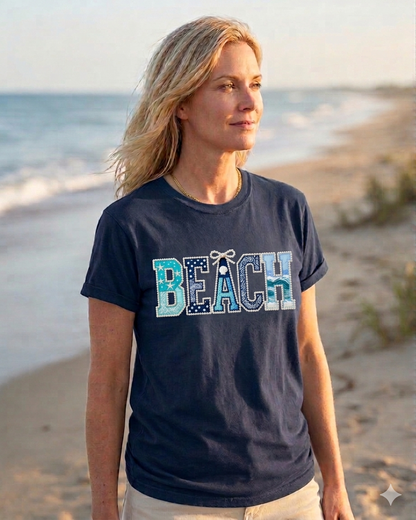 Beach Graphic T-Shirt – Beachy Patch Style Comfort Colors Navy Tee