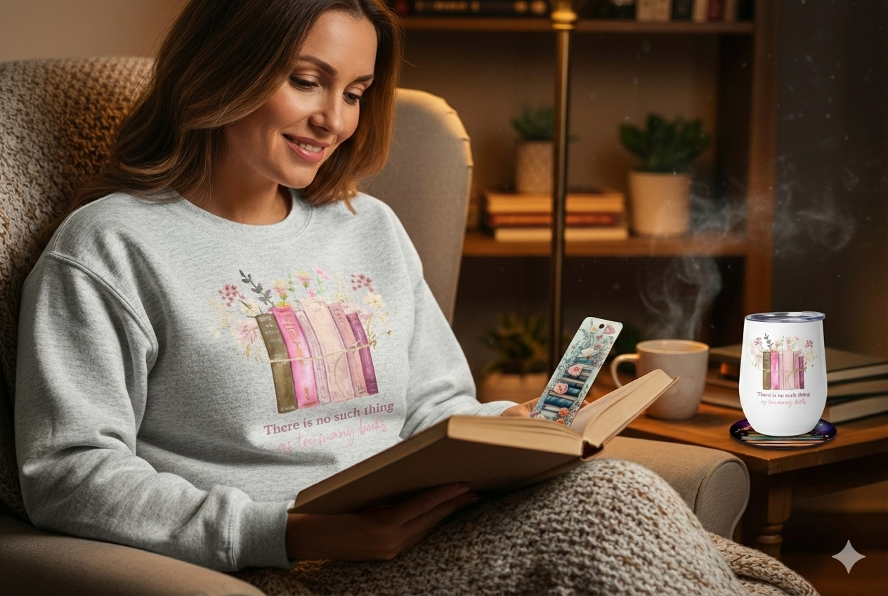 The Book Lover Bundle – Cozy Sweatshirt, Wine Tumbler, Bookmark & Coaster