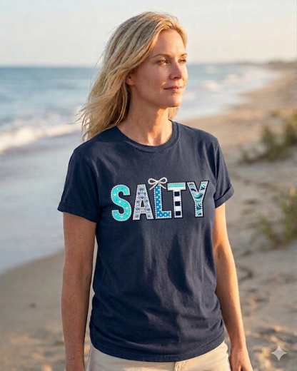Salty Coastal Graphic T-Shirt – Beachy Patch Style Comfort Colors Navy Tee