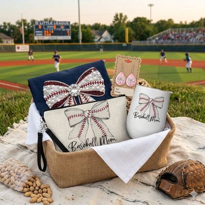 Baseball Mom Gift Set – Tumbler, Earrings, Makeup Bag & Graphic Tee Bundle