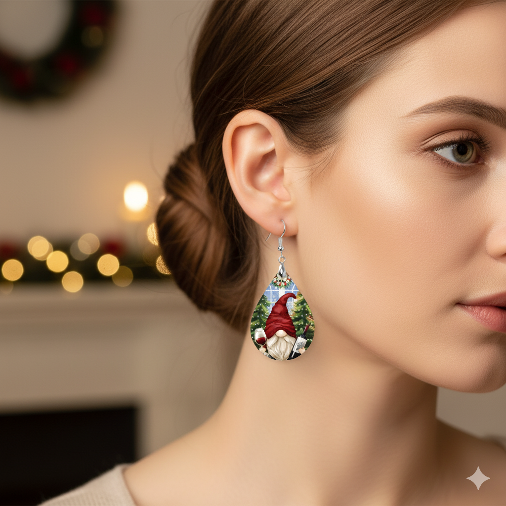Gnome Wine Christmas Earrings – Festive Holiday Teardrops