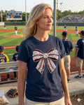 Baseball Bow Graphic T-Shirt – Red Faux Stitch Bow on Navy Comfort Colors Tee