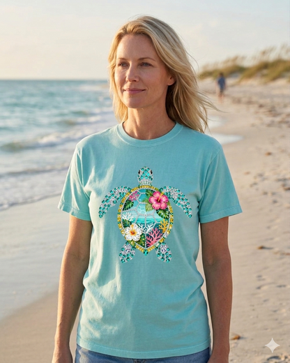 Sea Turtle Floral Graphic T-Shirt – Tropical Turtle Comfort Colors Mint Tee