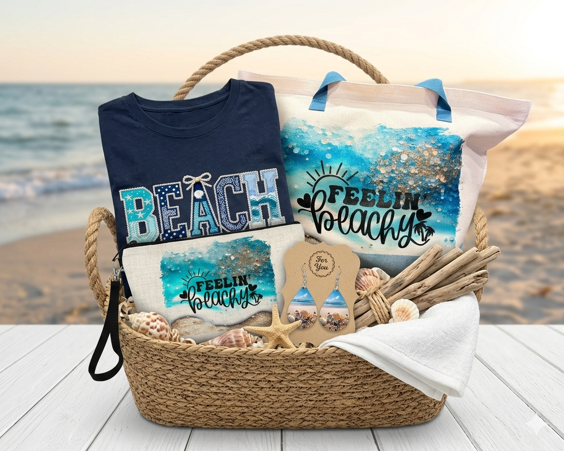 Beach Lover Gift Set – “Feelin Beachy” Tote, Tee, Makeup Bag & Earrings Bundle