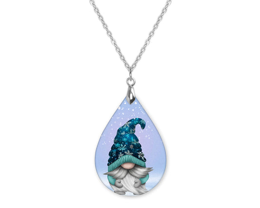 Gnome Blue Winter Christmas Teardrop Shape Necklace
