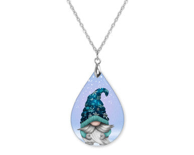 Gnome Blue Winter Christmas Teardrop Shape Necklace