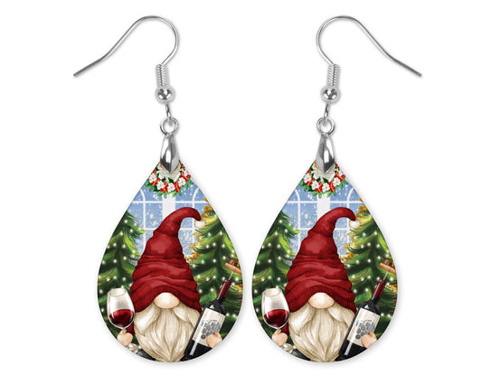 Gnome Wine Christmas Teardrop Earrings