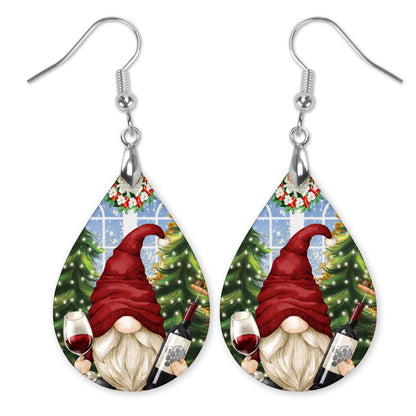 Gnome Wine Christmas Earrings – Festive Holiday Teardrops