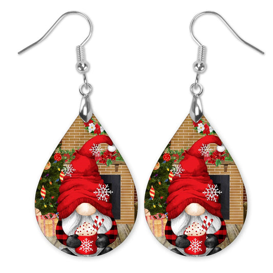 Gnome Christmas Hot Cocoa Teardrop Earrings - Handmade Holiday Jewelry