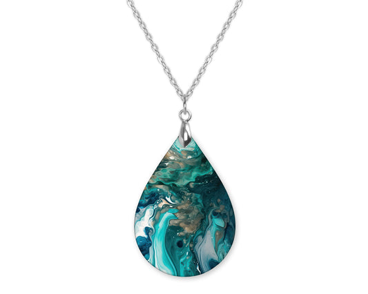 Green Teal Paint Pour Teardrop Shape Necklace
