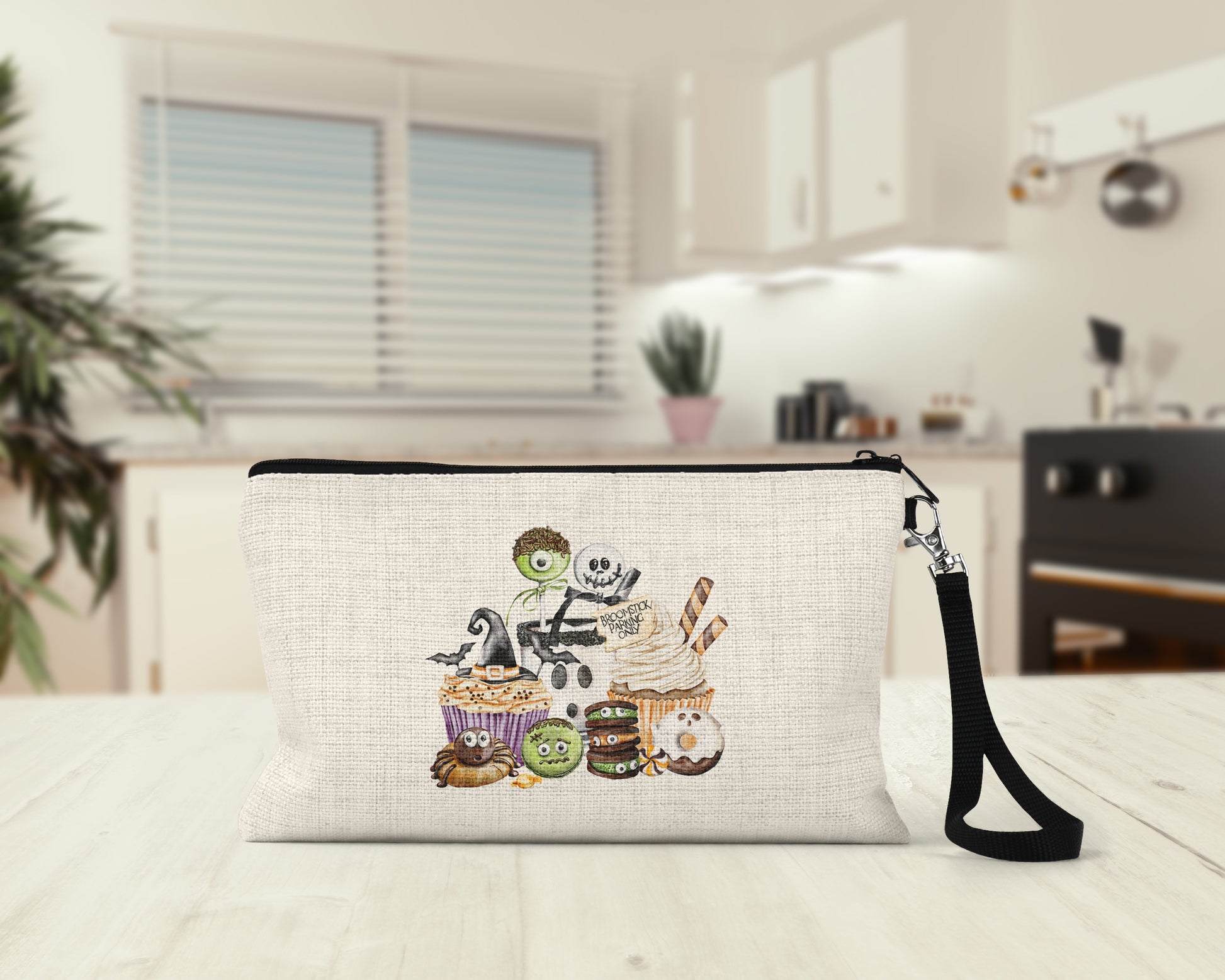 Halloween Sweets Makeup Bag on a kitchen counter