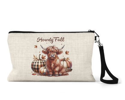 Howdy Fall Highland Cow Makeup Bag front view on a white background