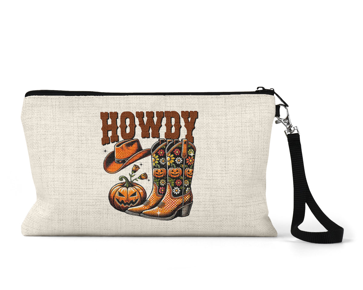 Howdy Cowboy Boots Makeup Bag front view on a white background