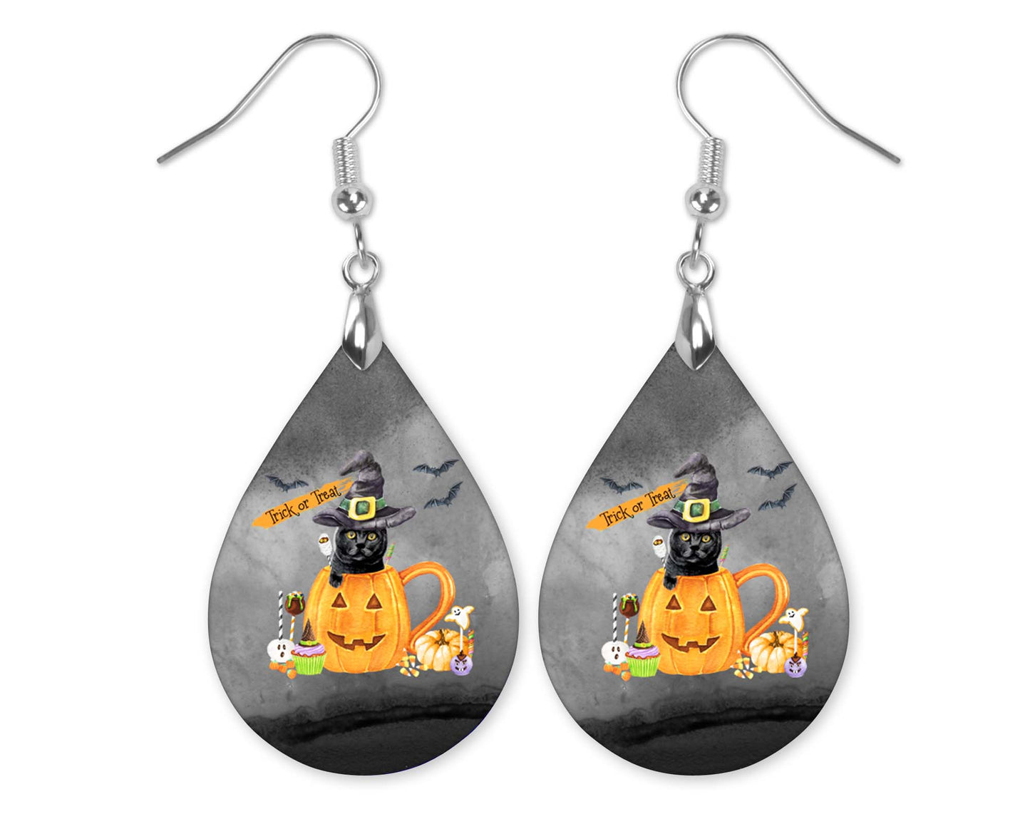 Halloween Cat and Pumpkin Teardrop Earrings
