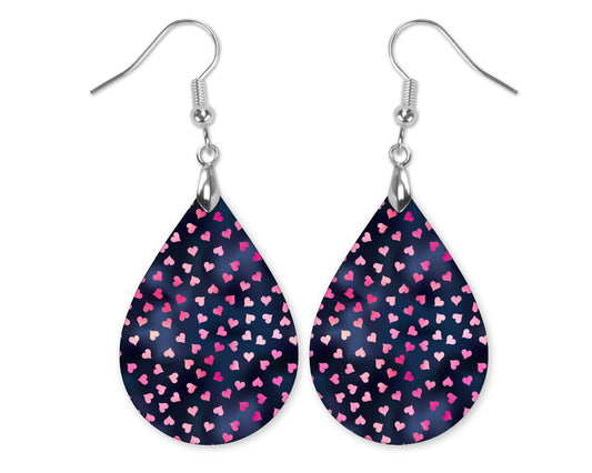 Valentine's Day Earrings – Navy Teardrop with Pink Hearts, Cute Handmade Jewelry