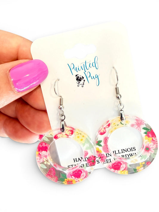 Pink Floral Acrylic Circle Earrings – Spring Dangle Design
